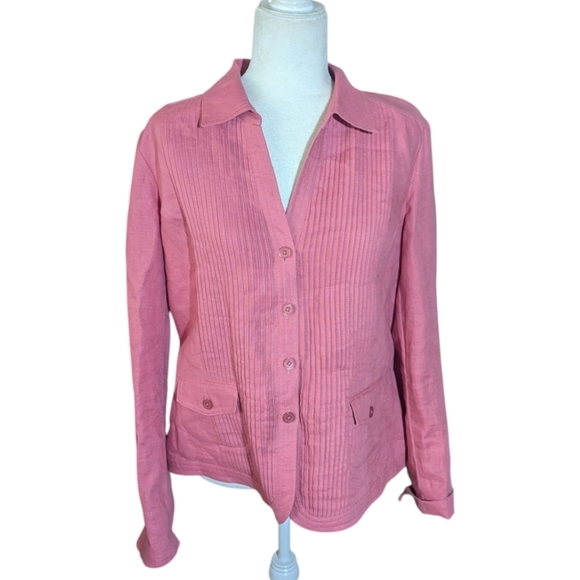 Linen Pleated Front Terra Cota Rouge Button Up Blazer Classic Collar V Neck 12 - Picture 1 of 11